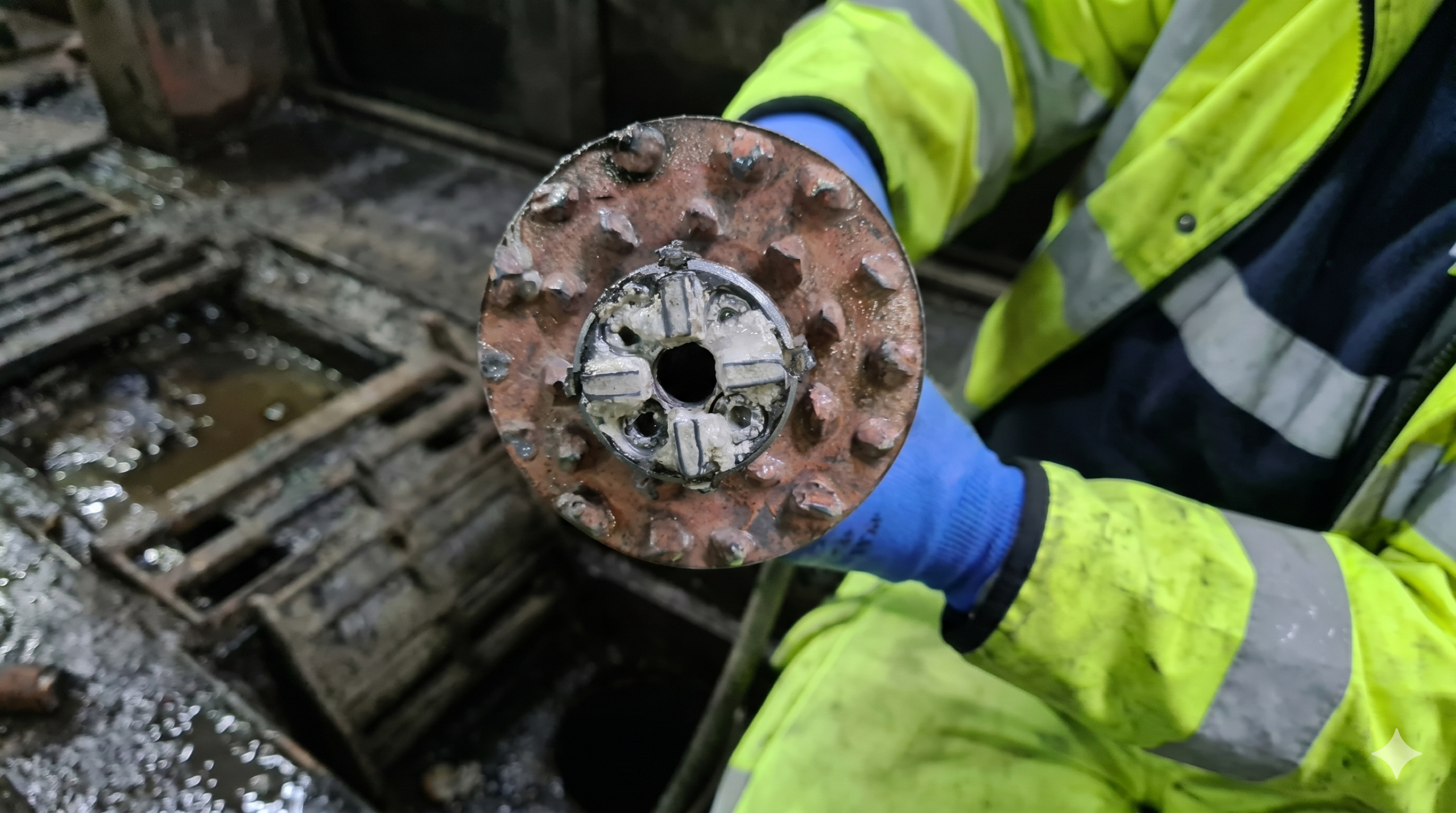 LDF technician holding a Picote milling cutting head used for concrete removal inside drainage pipes