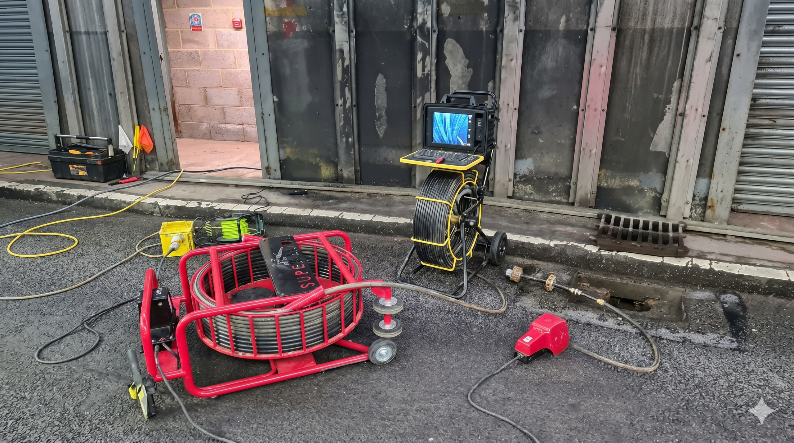Picote concrete removal and CCTV survey equipment set up at a drain access point outside Heathrow Airport tunnels