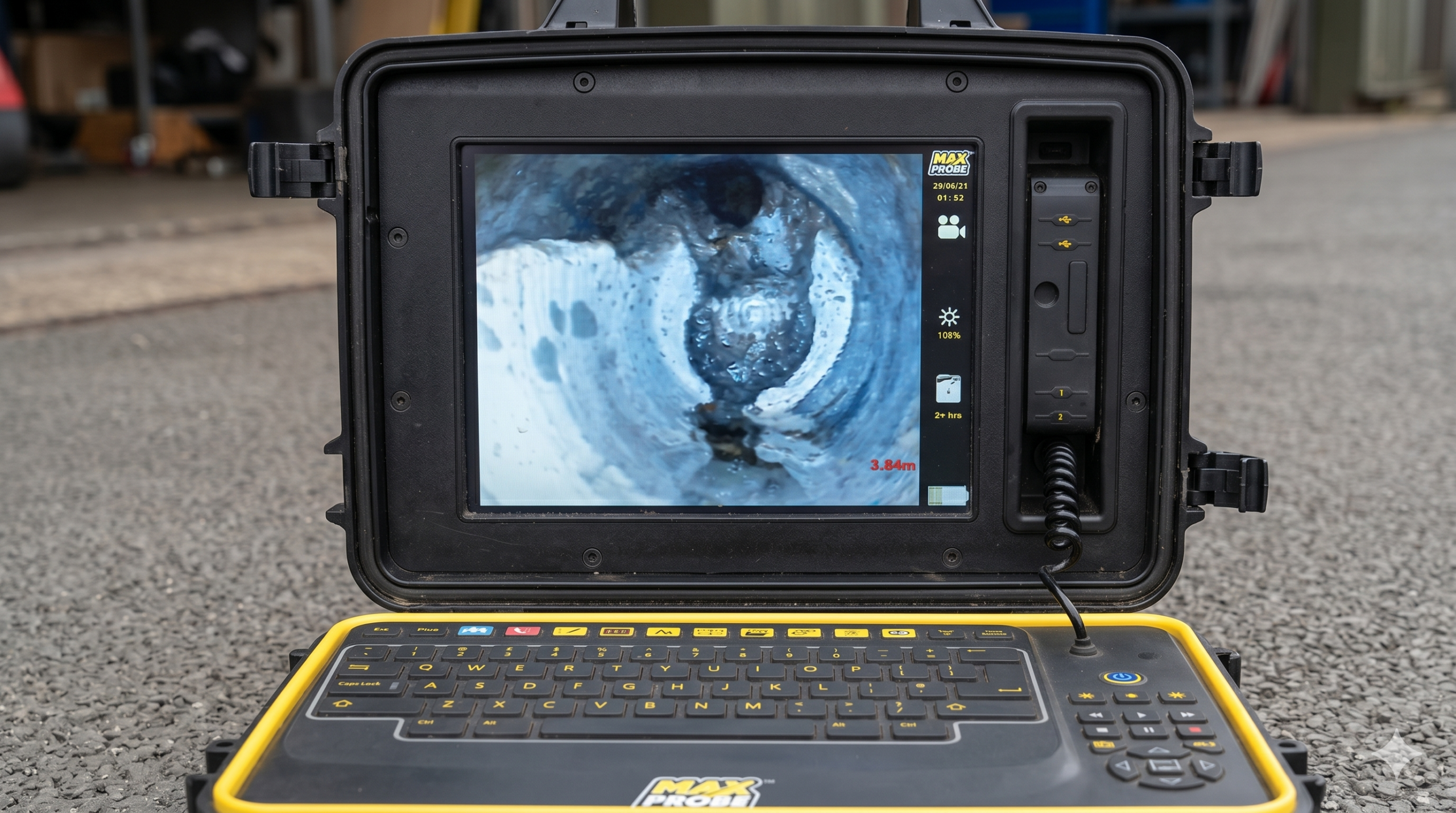 MaxProbe CCTV monitor displaying concrete-encrusted drainage pipe interior at Heathrow Airport