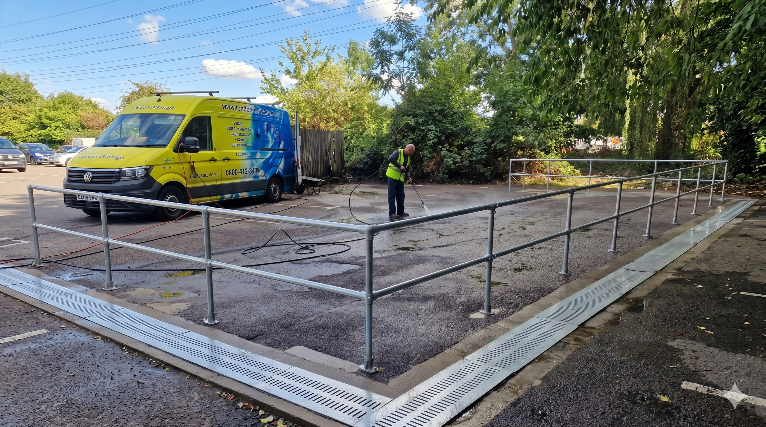 LDF operative pressure-washing a newly installed drainage channel in the Navigation Inn car park, with LDF van in background
