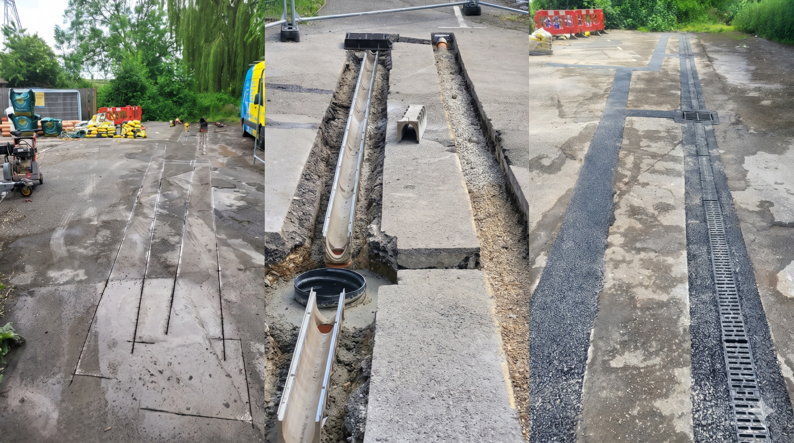 Three stages of channel drain installation at The Navigation Inn, from excavation to finished reinstatement