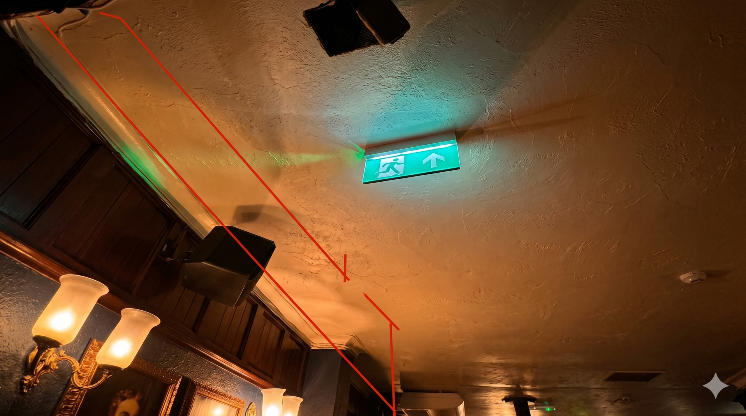 Annotated ceiling view of The Globe, Moorgate, showing drainage pipe routes identified during CCTV survey