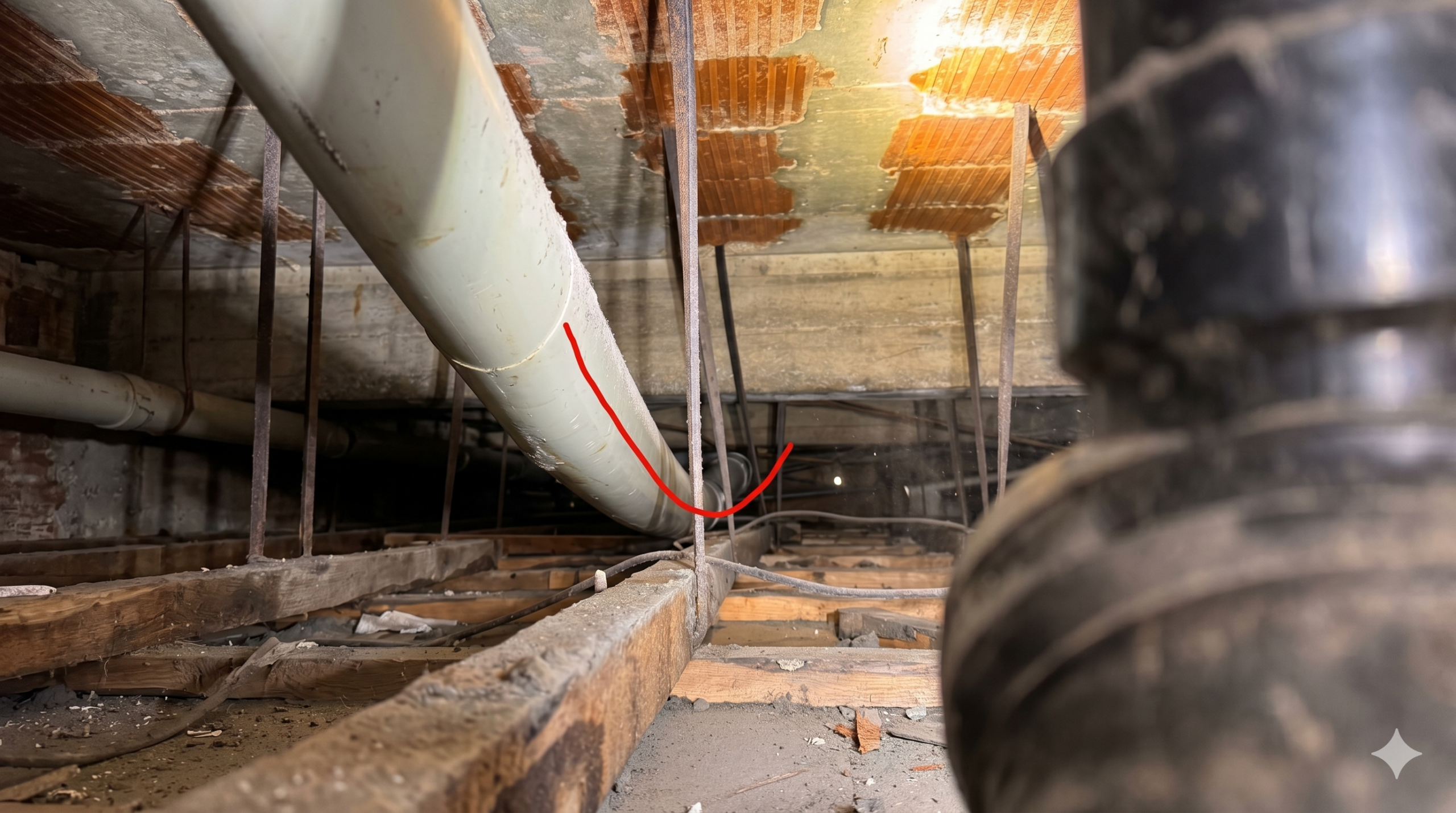 Ceiling void in The Globe, Moorgate, showing aging drainage pipework with annotated fault location