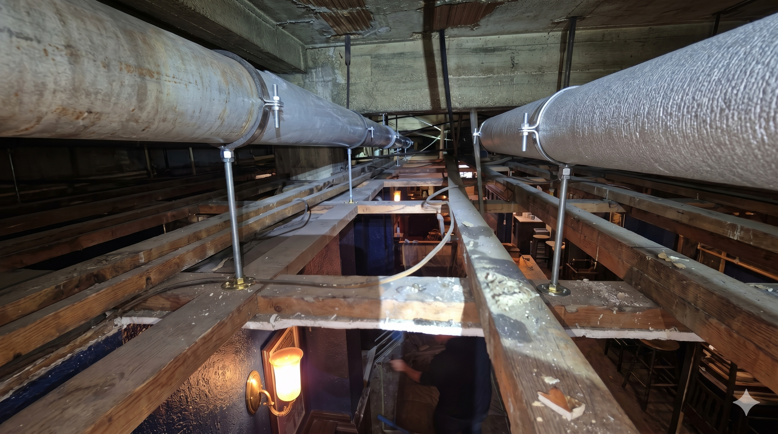 Ceiling inspection at The Globe, Moorgate, revealing twin drainage pipes on brackets above open ceiling joists during drainage works