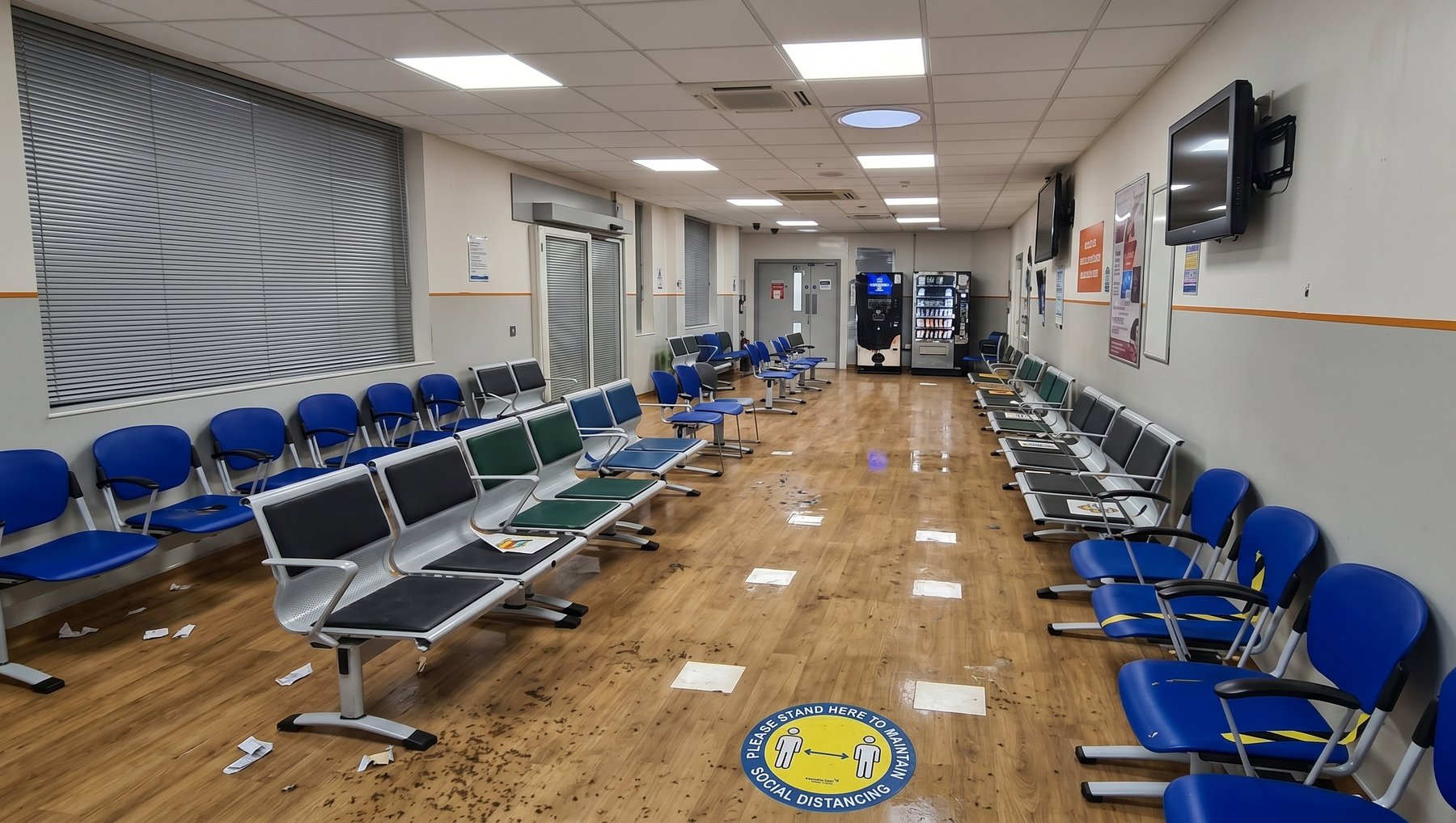 Flood-affected waiting area with standing water and debris