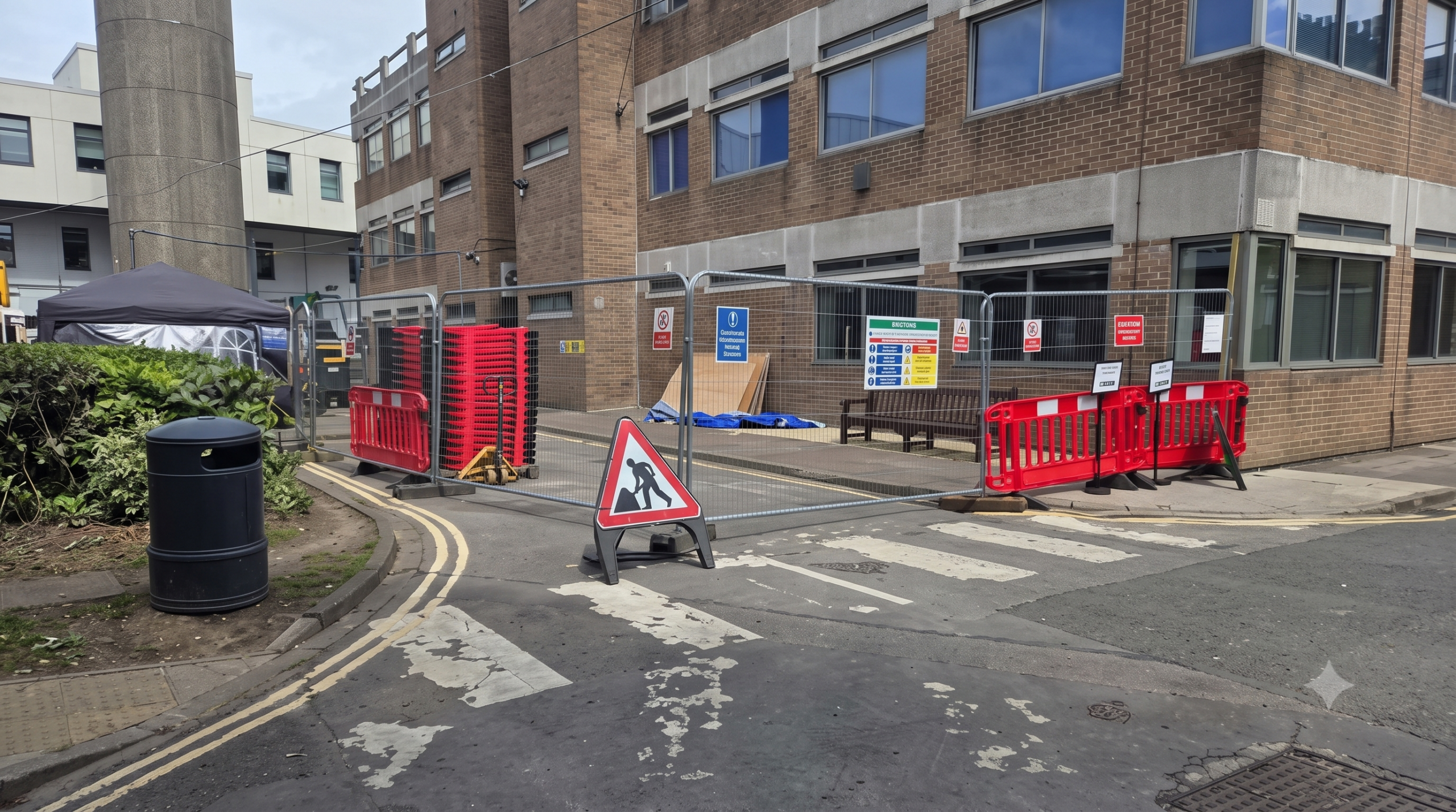 Live campus setting with signage and barriers