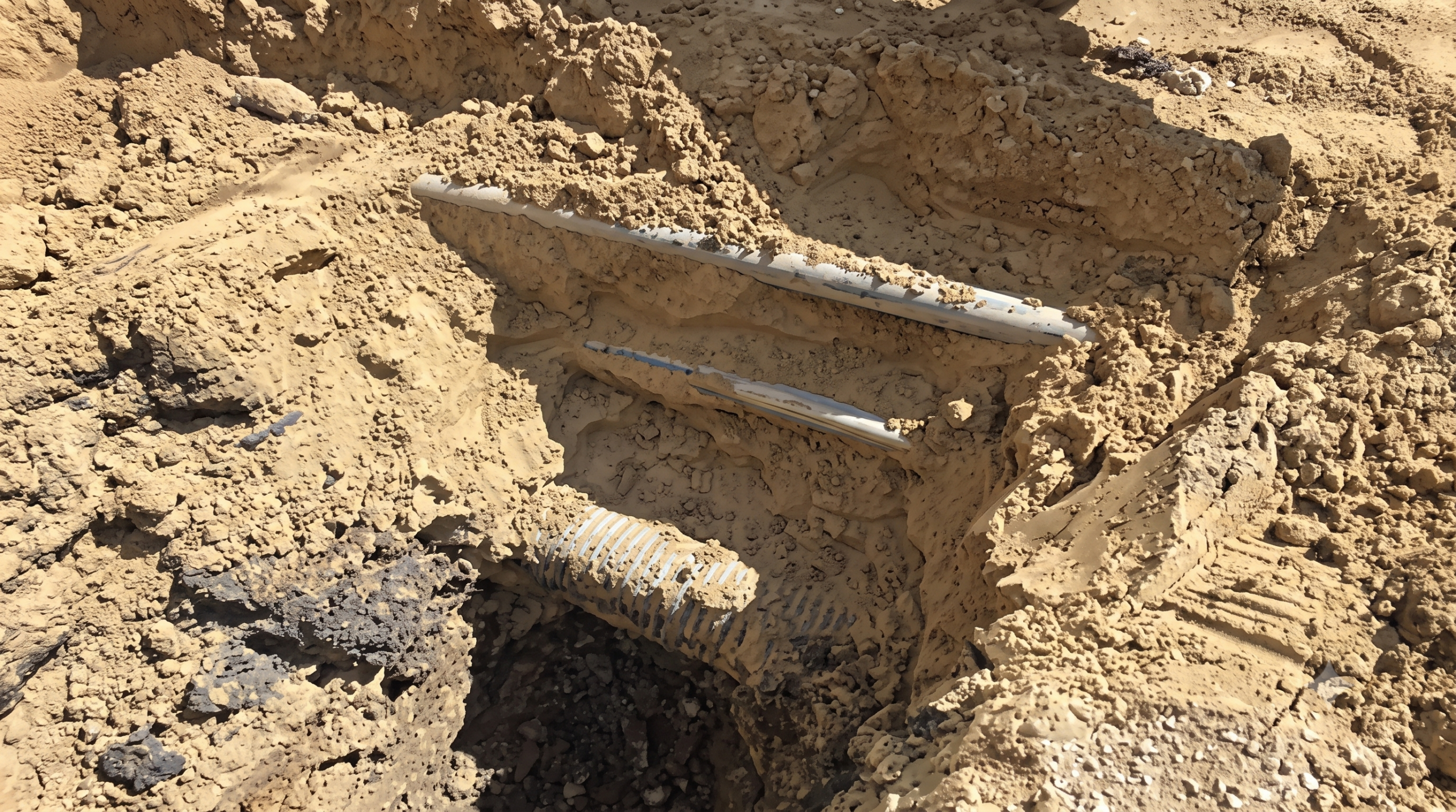 Defective pitch fibre pipe exposed in the deep excavation